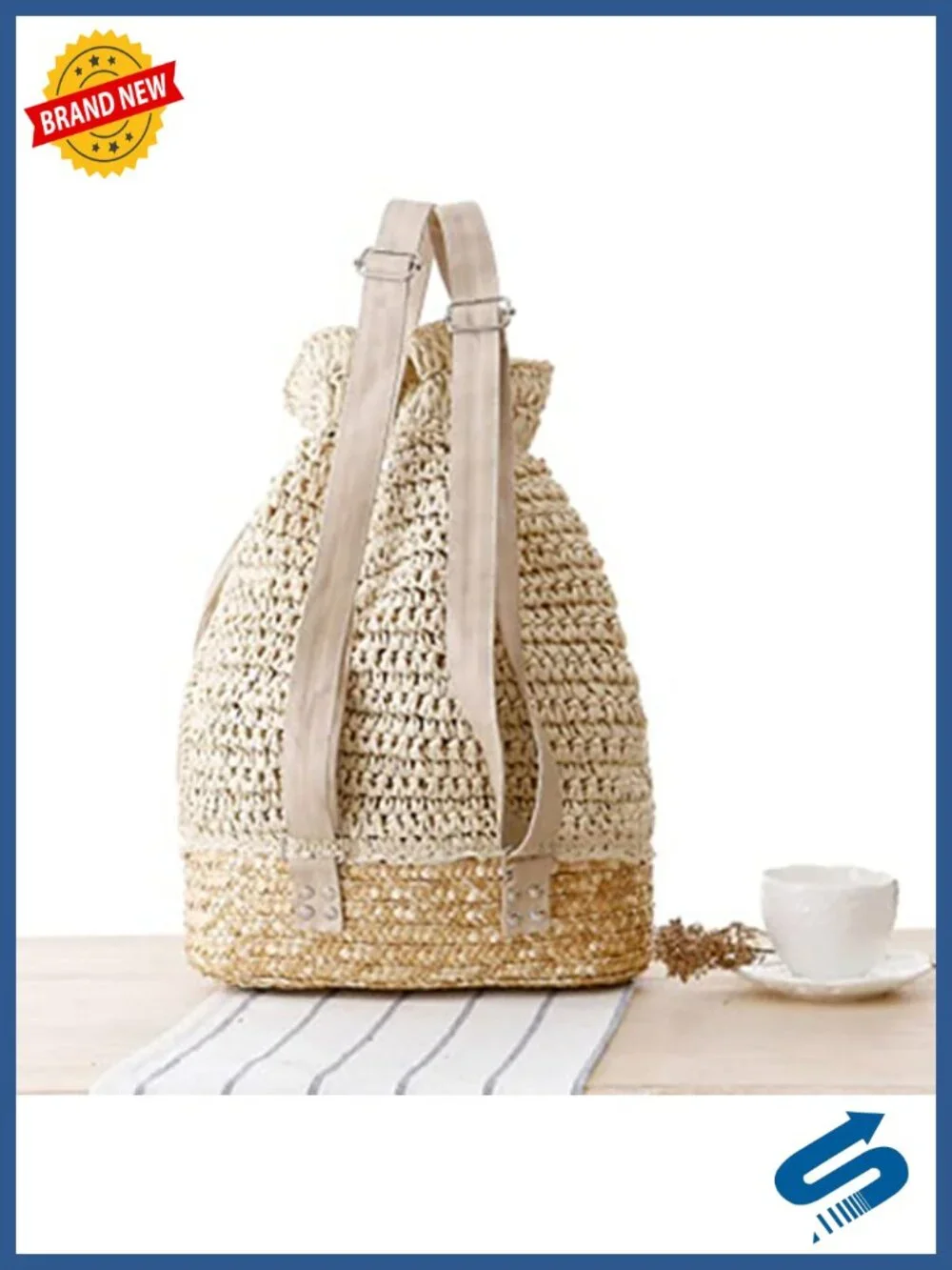 Crochet Woven Straw Backpack with Leather Straps Drawstring Beach Tote